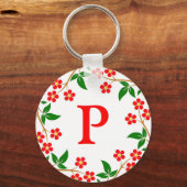 Moderne  rode Floral White Monogrammed Sleutelhanger (Voorkant)