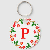 Moderne  rode Floral White Monogrammed Sleutelhanger (Achterkant)