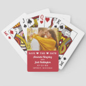 Moderne Rode Foto Hart Save the Date Pokerkaarten (Achterkant)