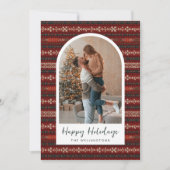 Moderne rode gebreide kerst trui boog foto feestdagenkaart (Voorkant)