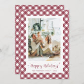 Moderne rode geruite kalligrafiefoto feestdagenkaart (Voorkant / Achterkant)