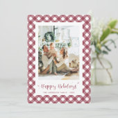 Moderne rode geruite kalligrafiefoto feestdagenkaart (Staand voorkant)