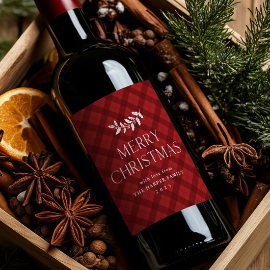 Moderne Rode Geruite Rustieke Kerst Wijn Etiket
