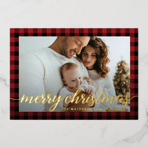 Moderne Rode Gingham Familie foto Kerstmis Goud Folie Feestdagenkaart