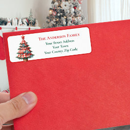 Moderne Rode Gingham Kerstboom Ornamenten Naam Etiket