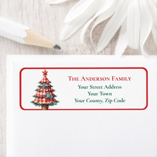 Moderne Rode Gingham Kerstboom Ornamenten Naam Etiket (Insitu)