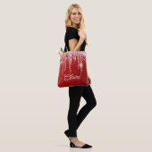 Moderne rode glinsterende kerst tote bag (Op model)