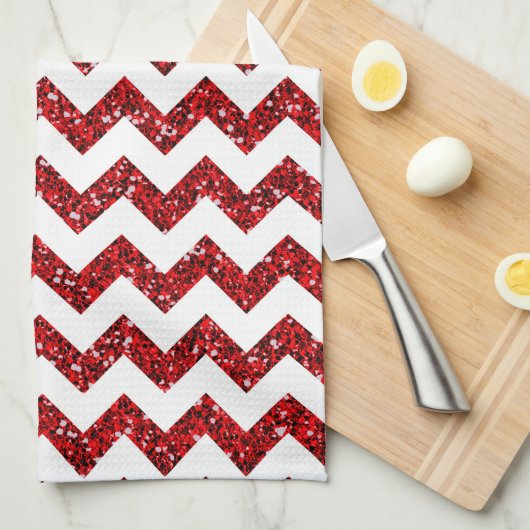 Moderne Rode Glitter Chevron Keukenschotel Handdoe Theedoek (Quarter Fold)