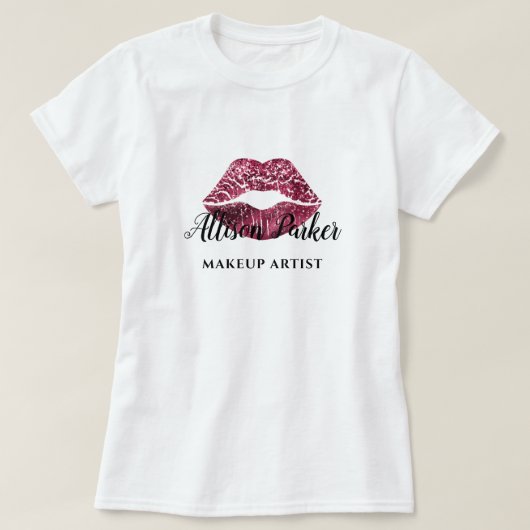 Moderne rode glitter kus lip make-up artist t-shirt (Design voorkant)