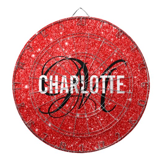 Moderne rode glitter monogram naam dart board dartbord (Voorkant)
