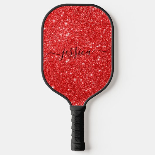 Moderne rode glitter scriptnaam pickleball paddle (Voorkant)