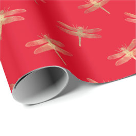 Moderne rode gouden dragonfly patroonpapier cadeaupapier