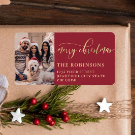 Moderne Rode Gouden Foto Kerst Retouradres Etiket