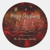 Moderne rode gouden kerstboom ronde sticker (Voorkant)