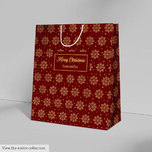 Moderne rode gouden sneeuwvlokken kerstcadeautas medium cadeauzakje
