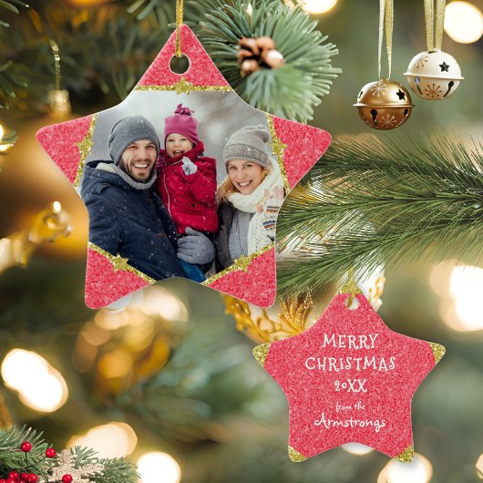 Moderne Rode Gouden Sterren Foto Kerstmis Trendy Keramisch Ornament