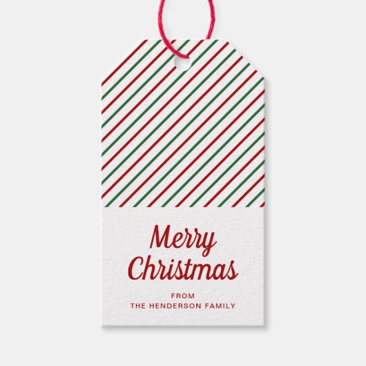 Moderne Rode Groene Gestreepte Kerst Cadeaulabel (Voorkant)