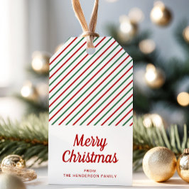 Moderne Rode Groene Gestreepte Kerst Cadeaulabel
