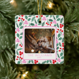 Moderne Rode & Groene Kerstbloem 2 Foto's Keramisch Ornament