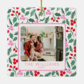 Moderne Rode & Groene Kerstbloem 2 Foto's Keramisch Ornament (Achterkant)