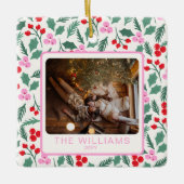 Moderne Rode & Groene Kerstbloem 2 Foto's Keramisch Ornament (Voorkant)