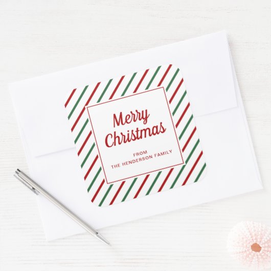 Moderne Rode Groene Strepen Prettig Kerstfeest Vierkante Sticker (Envelop)