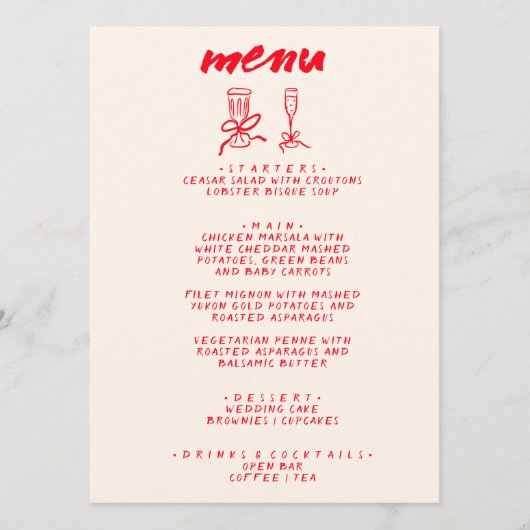 Moderne rode hand getekend eigenzinnige bruiloft menu (Voorkant)