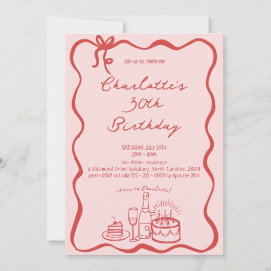 MODERNE RODE Hand Getrokken 30e Verjaardag Uitnodi Kaart (Voorkant)