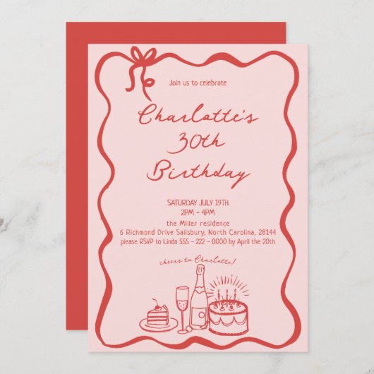 MODERNE RODE Hand Getrokken 30e Verjaardag Uitnodi Kaart (Voorkant / Achterkant)
