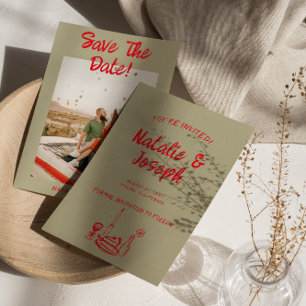 Moderne rode hand getrokken retro eigenzinnige fot save the date