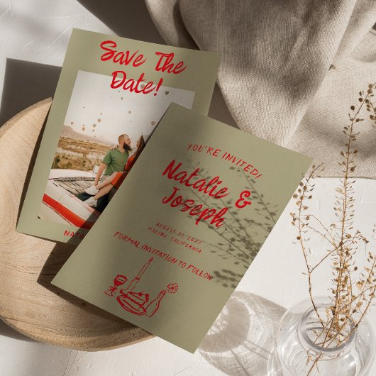 Moderne rode hand getrokken retro eigenzinnige fot save the date