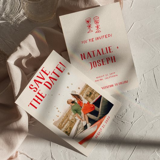 Moderne rode hand getrokken retro eigenzinnige fot save the date