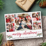 Moderne rode kalligrafie 5 Kerstfeest Feestdagenkaart<br><div class="desc">Moderne kalligrafie script 5 Foto serie Collage Merry kerstkaart met Waterverf kerst Holly Berries - Rood script</div>