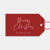 Moderne Rode Kalligrafie Vrolijk Kerstmis Script Cadeaulabel (Voorkant (Horizontaal))