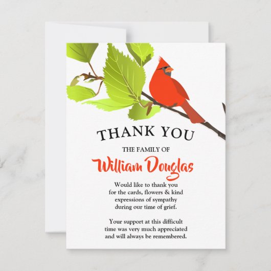 Moderne Rode Kardinaal Uitvaart Memorial Dank u Bedankkaart (Voorkant)