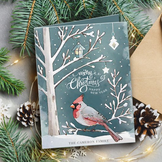 Moderne Rode Kardinaal Winter Landschap Kerstmis Kaart
