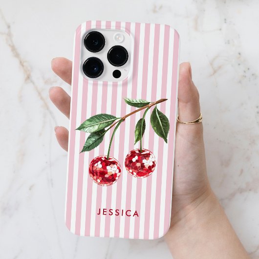 Moderne Rode Kersen Roze Strepen Gepersonaliseerde Case-Mate iPhone Case