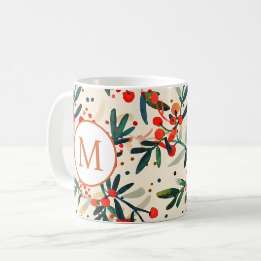 Moderne Rode Kerst Holly Berries Monogram Koffiemok (Voorkant links)