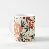 Moderne Rode Kerst Holly Berries Monogram Koffiemok (Voorkant links)