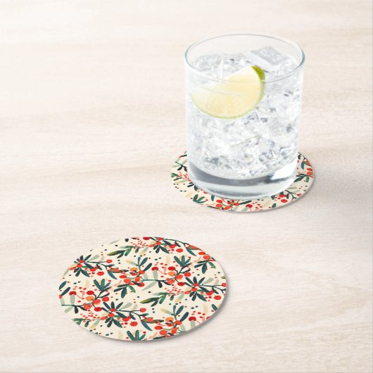 Moderne rode kerst Holly bessen Ronde Kartonnen Onderzetter (Insitu)