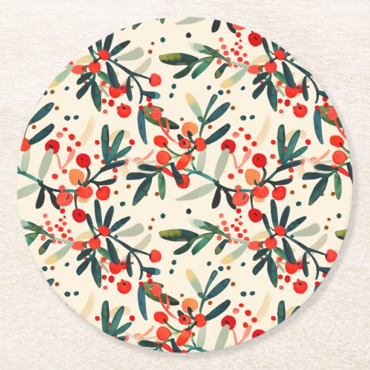 Moderne rode kerst Holly bessen Ronde Kartonnen Onderzetter (Voorkant)