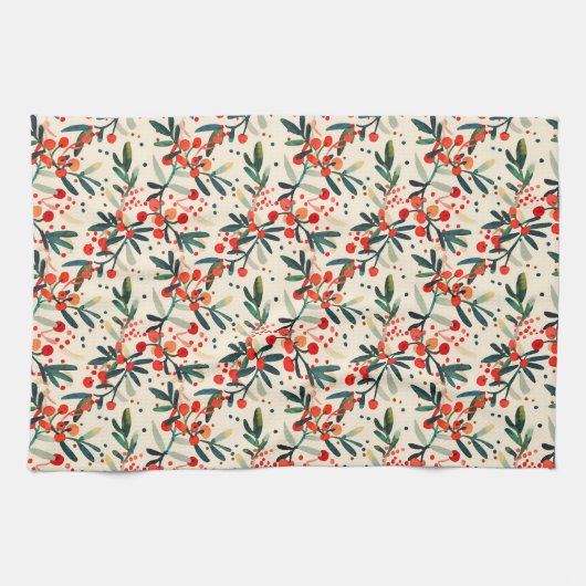 Moderne rode kerst Holly bessen Theedoek (Horizontaal)