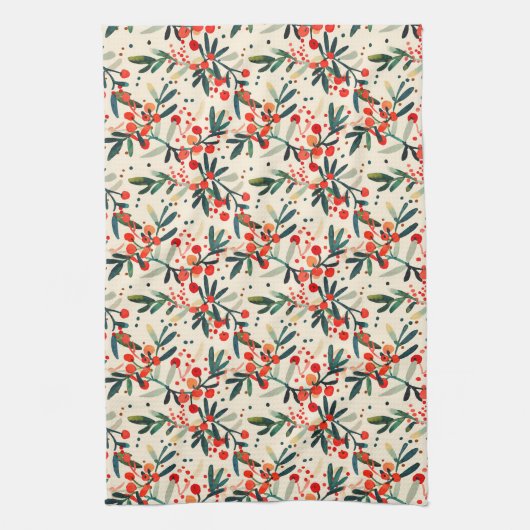 Moderne rode kerst Holly bessen Theedoek (Verticaal)