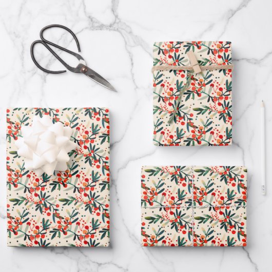 Moderne Rode Kerst Hulst Bessen Inpakpapier Vel (Voorkant)