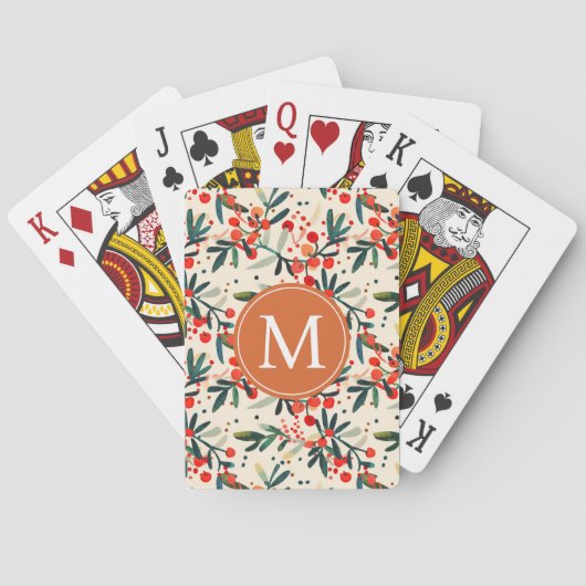 Moderne rode kerst hulst bessen monogram pokerkaarten (Achterkant)