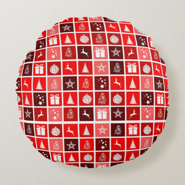 Moderne Rode Kerst Raster Patroon Minimalistisch Rond Kussen (Voorkant)