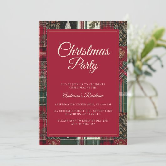 Moderne Rode Kerst Tartan Plaid Uitnodiging (Staand voorkant)