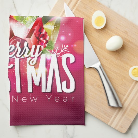 Moderne rode kerstafbeelding Illustratie Theedoek (Quarter Fold)