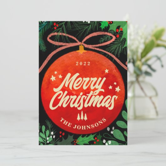 Moderne Rode Kerstbal Bloemornament Feestdagenkaart (Staand voorkant)