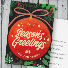 Moderne Rode Kerstbal Ornament Botanisch Feestdagenkaart